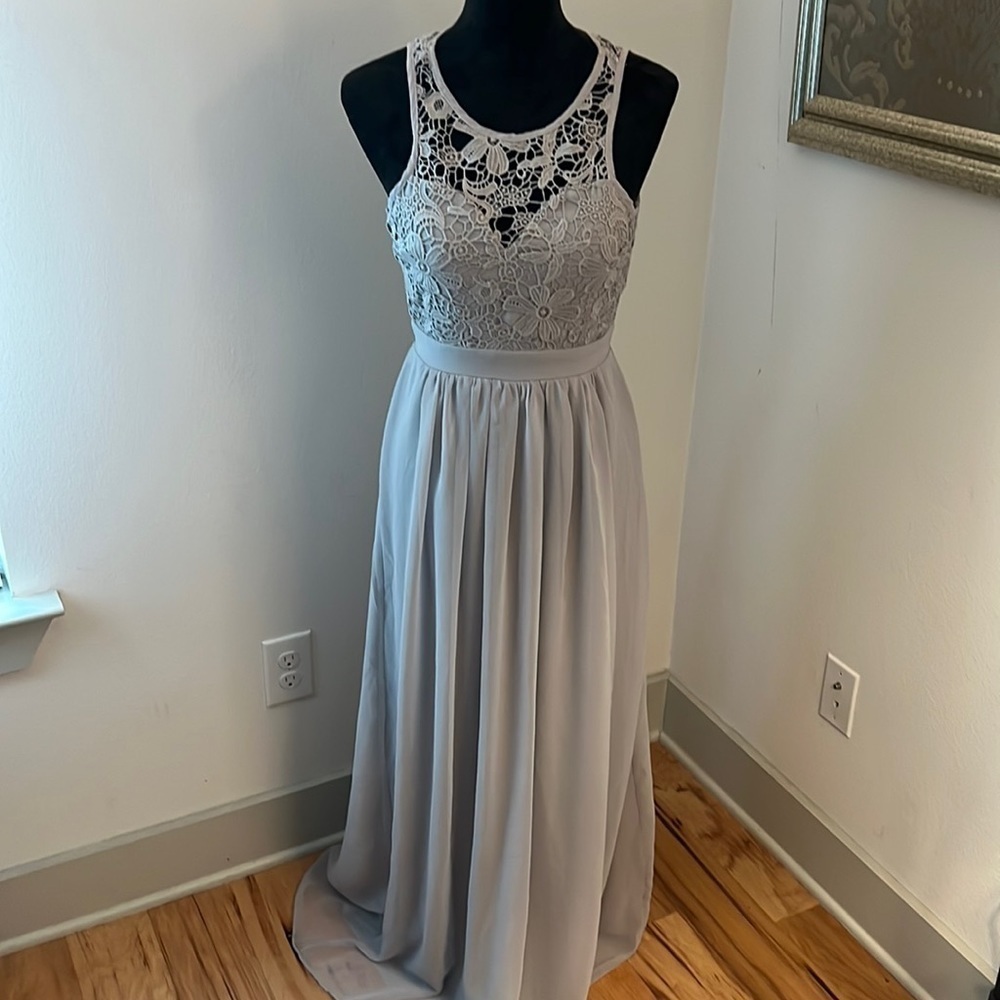 Maniju style m22620 gray crochet lace chiffon‎ formal long dress gown Sz S
